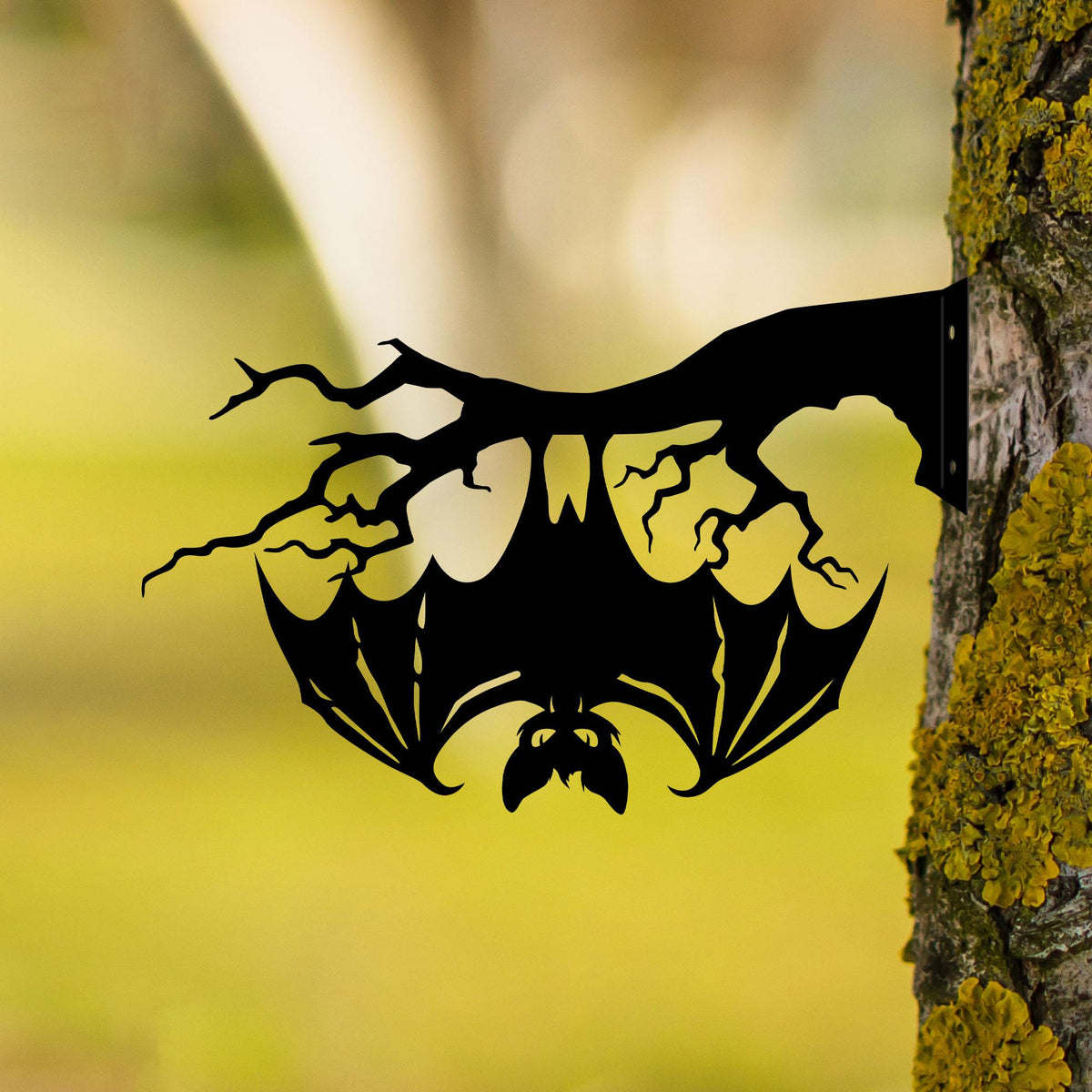 Metal Bat on Branch, Halloween Garden Decor, Vampire Bat Yard Art