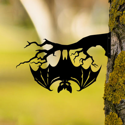 Metal Bat on Branch, Halloween Garden Decor, Vampire Bat Yard Art