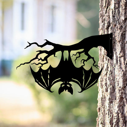 Metal Bat on Branch, Halloween Garden Decor, Vampire Bat Yard Art