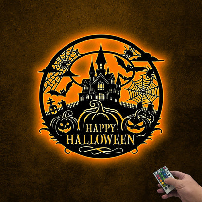 LED Happy Halloween Metal Wall Art, Spooky Home Decor