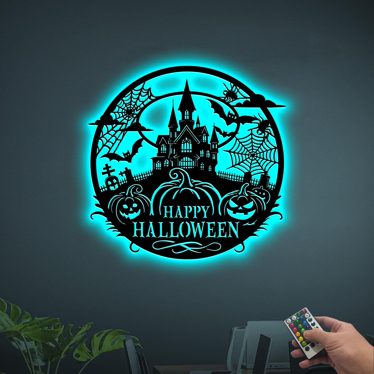 LED Happy Halloween Metal Wall Art, Spooky Home Decor