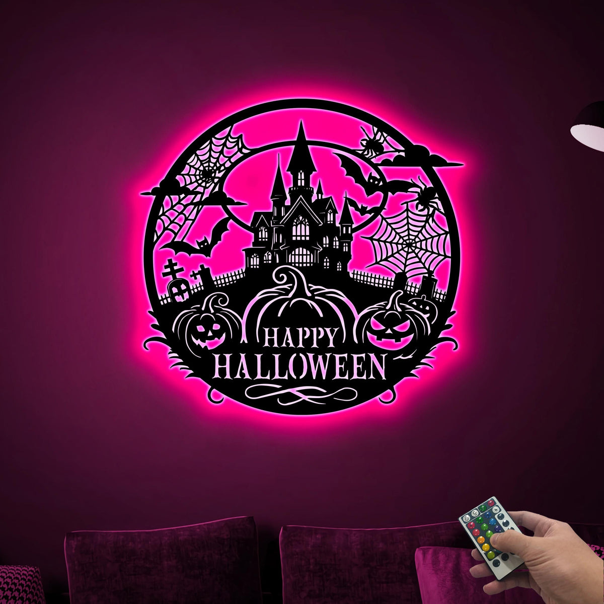 LED Happy Halloween Metal Wall Art, Spooky Home Decor