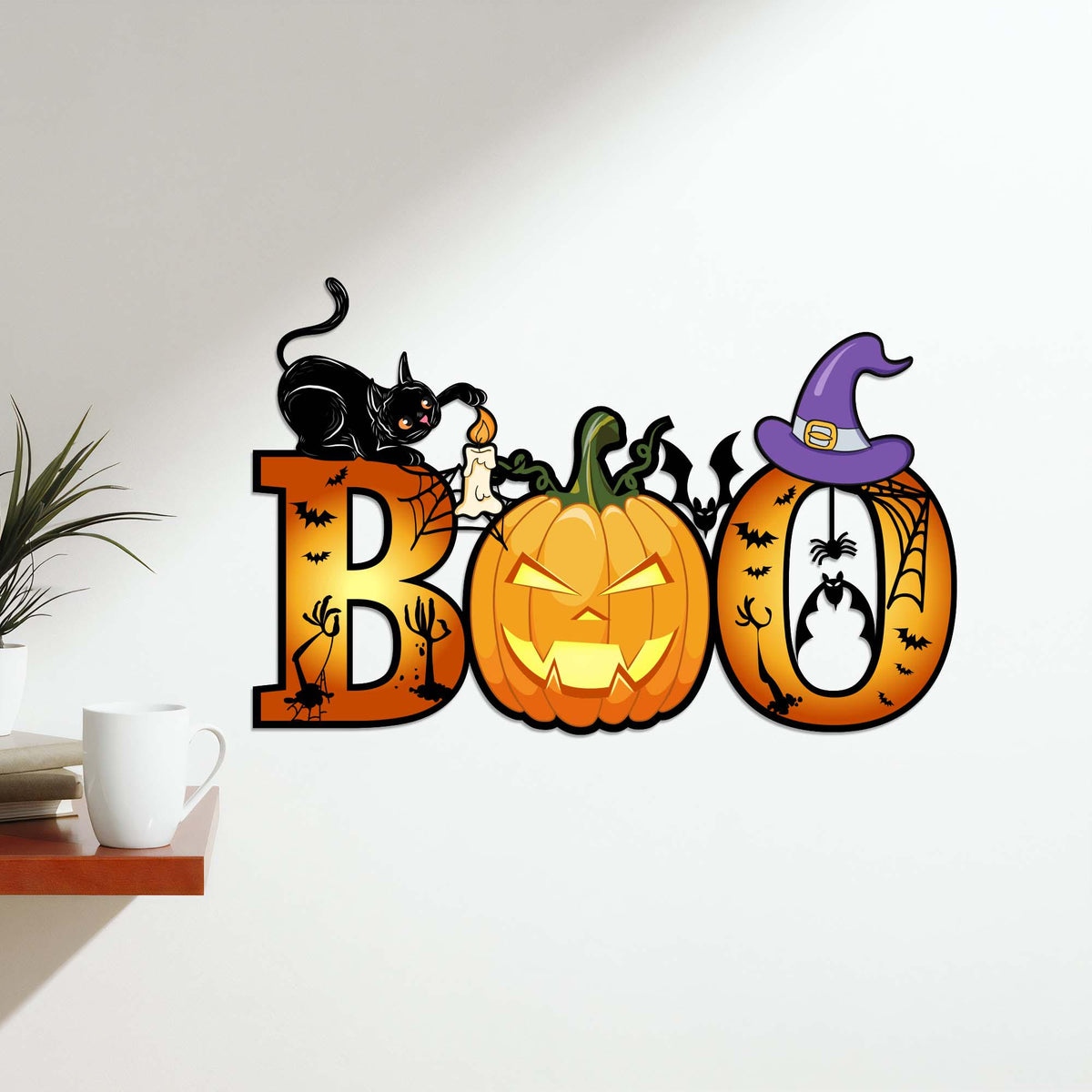 Halloween Metal Wall Art, Spooky Cat Pumpkin Decor