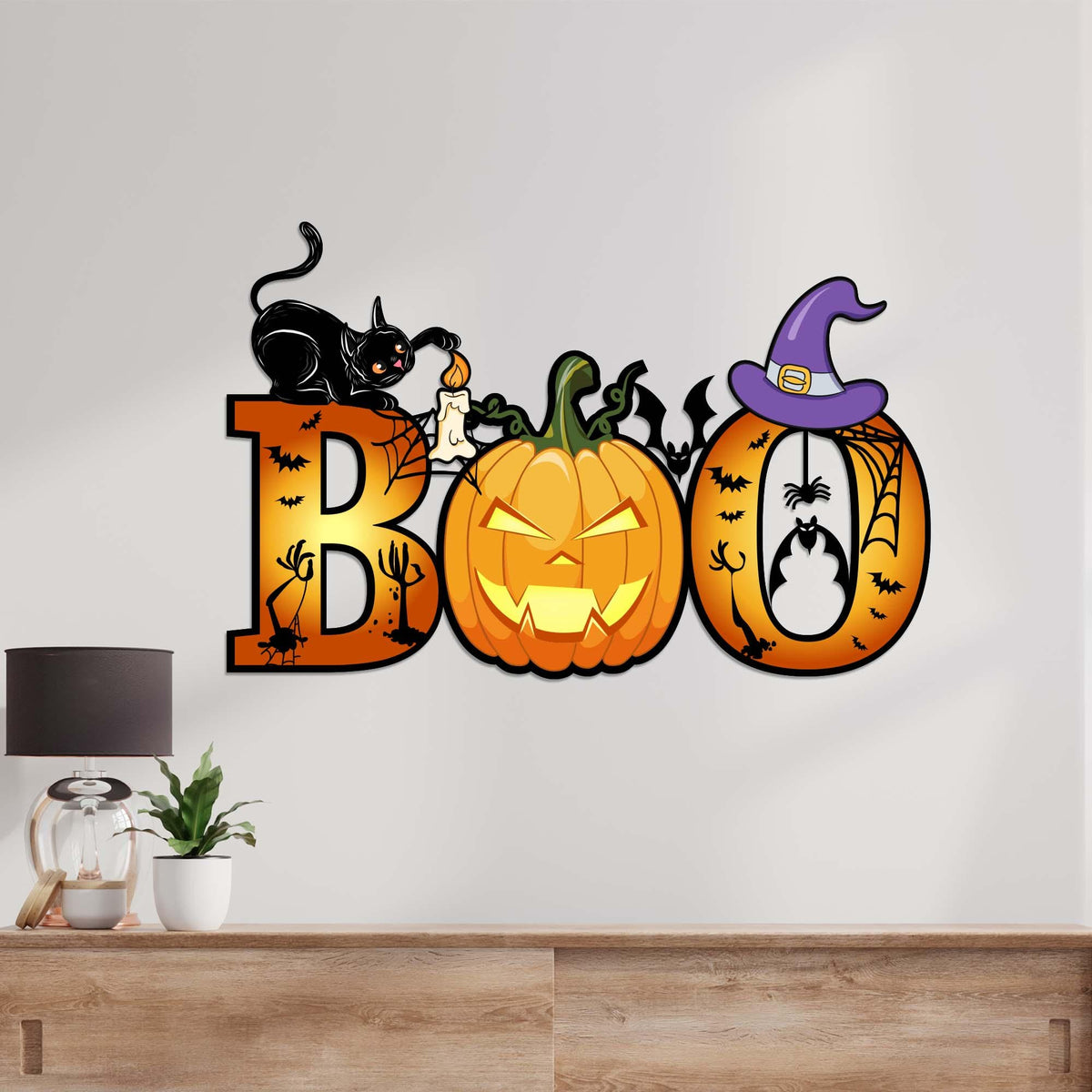 Halloween Metal Wall Art, Spooky Cat Pumpkin Decor