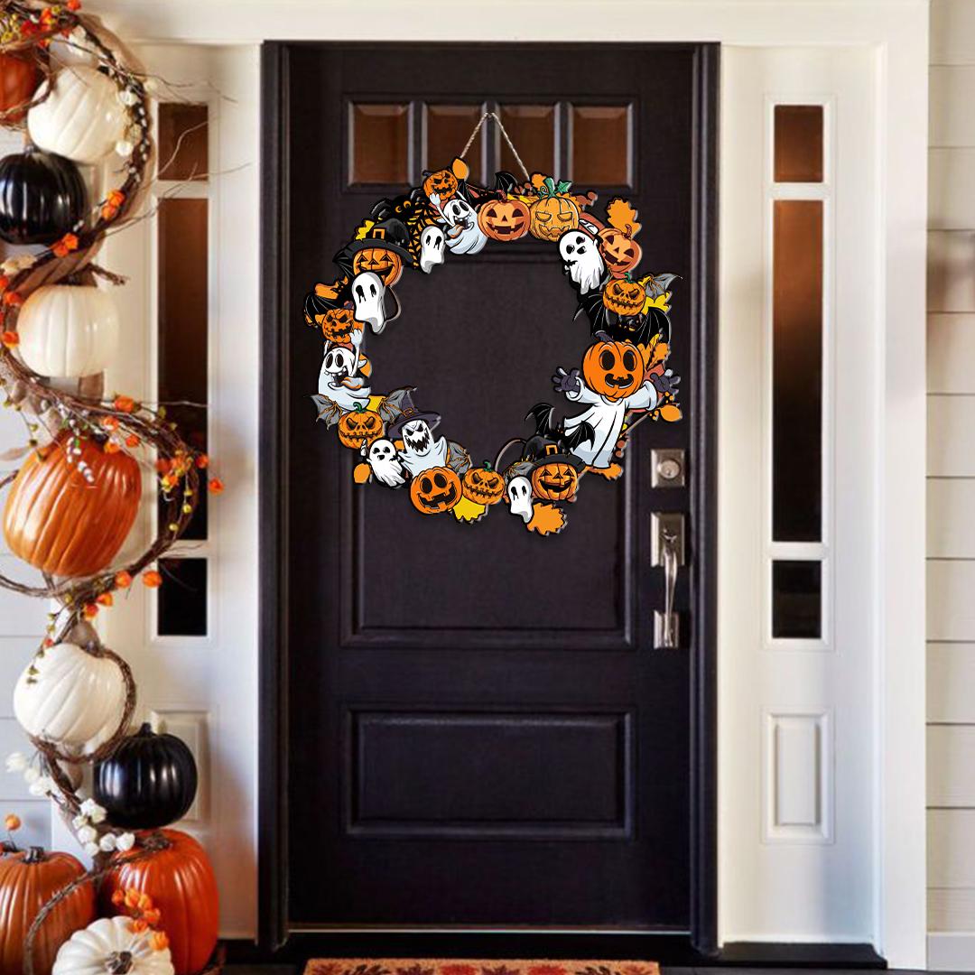 Halloween Ghost Pumpkin Wreath, Spooky Polywood Door Hanger