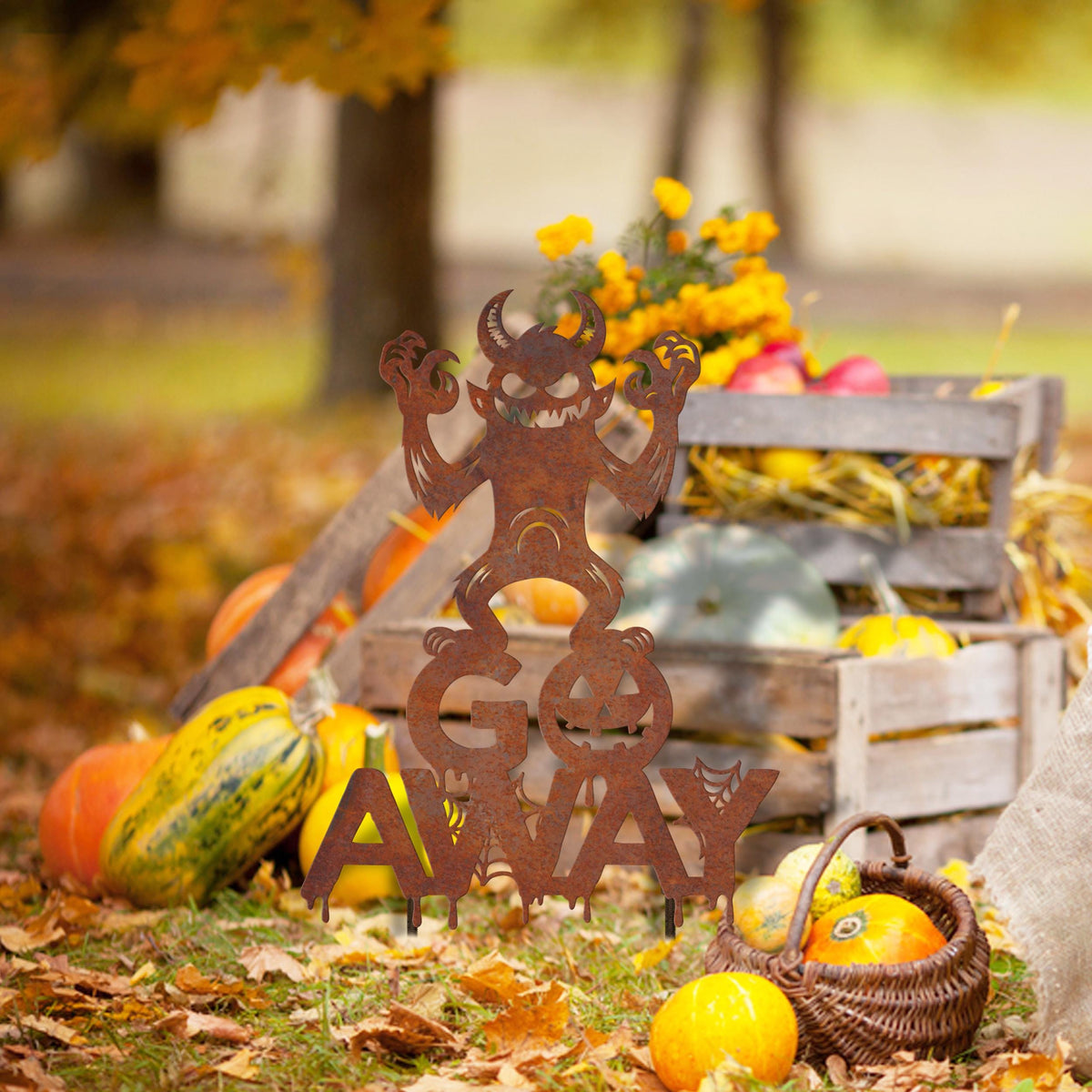 Rusty Metal Monster 'Go Away' Halloween Garden Sign