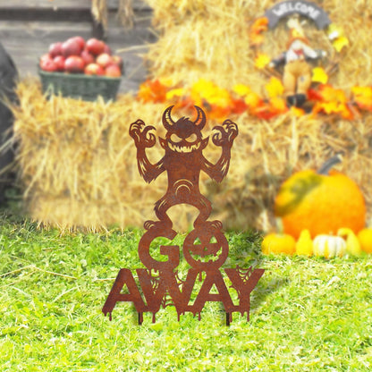 Rusty Metal Monster 'Go Away' Halloween Garden Sign