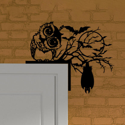 Metal Halloween Door Corner Sign, Owl, Cat, Bat on Tree Branch