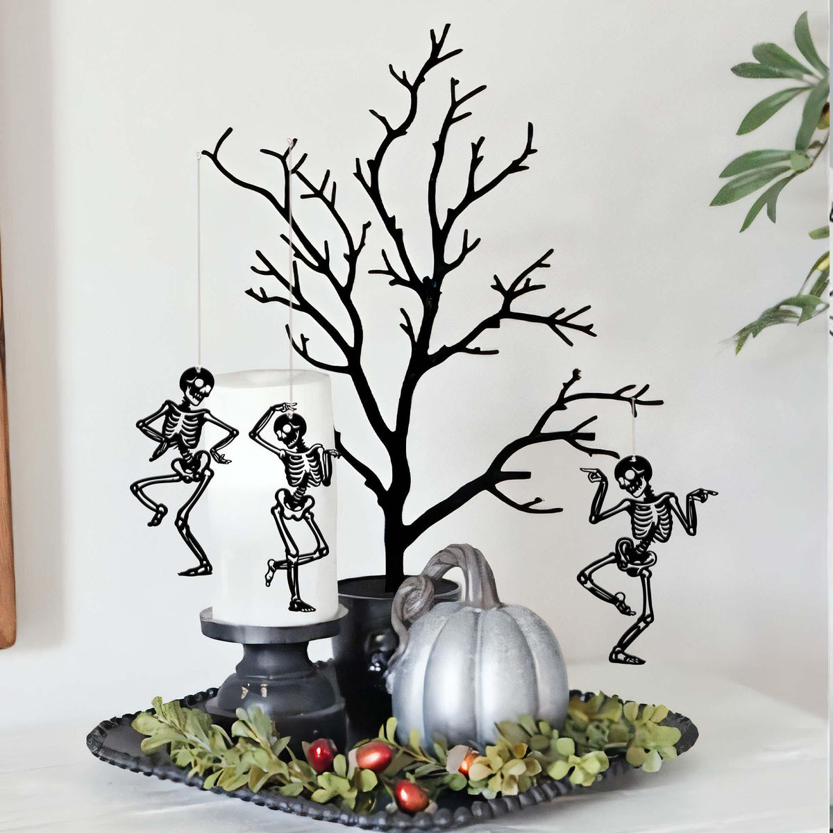 Set of 3 Dancing Skeletons Halloween Ornaments, Funny Metal Sign