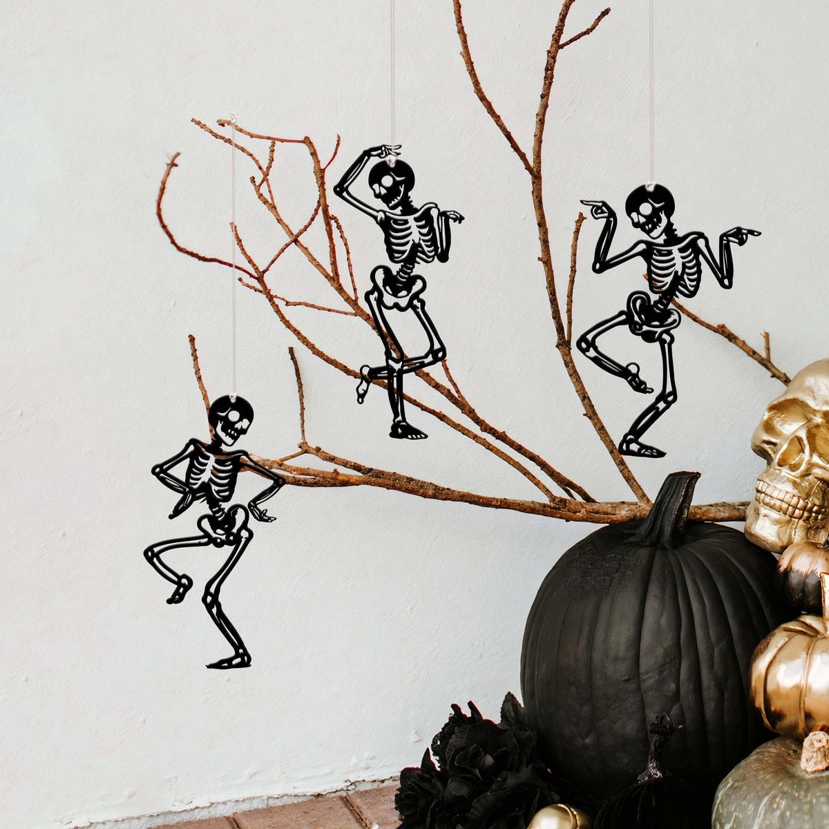 Set of 3 Dancing Skeletons Halloween Ornaments, Funny Metal Sign