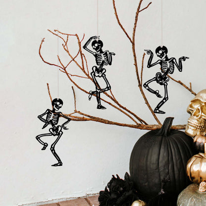 Set of 3 Dancing Skeletons Halloween Ornaments, Funny Metal Sign
