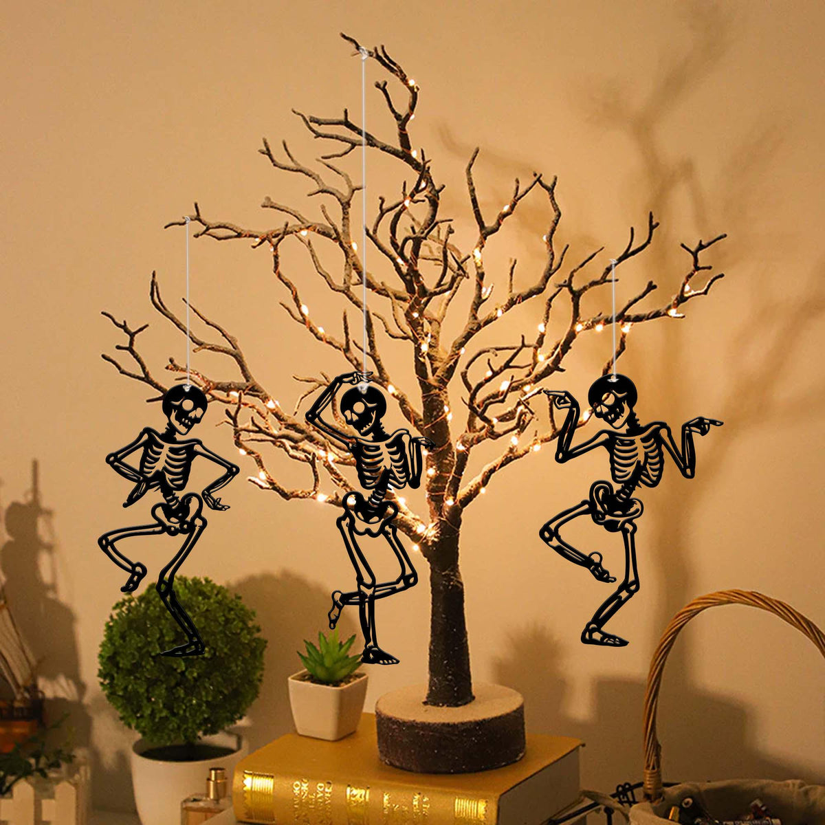 Set of 3 Dancing Skeletons Halloween Ornaments, Funny Metal Sign