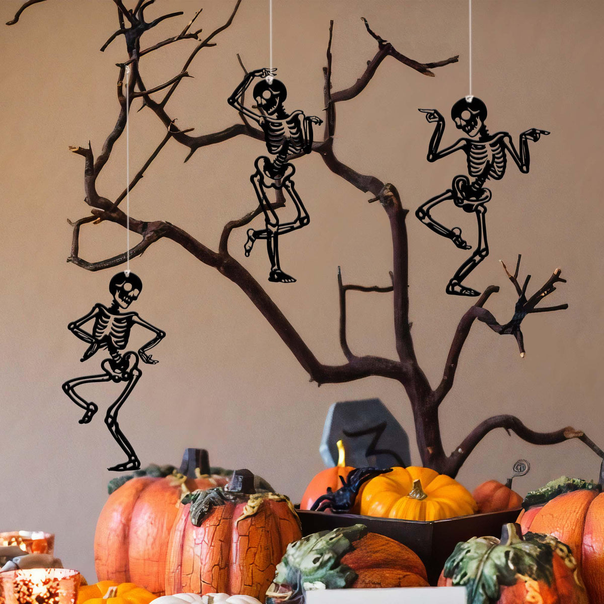 Set of 3 Dancing Skeletons Halloween Ornaments, Funny Metal Sign