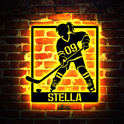 Custom Female Ice Hocey Metal Sign with Led lights, Hockey Metal Sign, Personalized Girl Hockey Player Name Sign, Hockey Player Gift