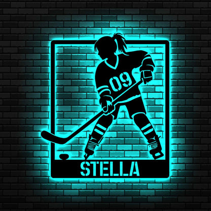 Custom Female Ice Hocey Metal Sign with Led lights, Hockey Metal Sign, Personalized Girl Hockey Player Name Sign, Hockey Player Gift