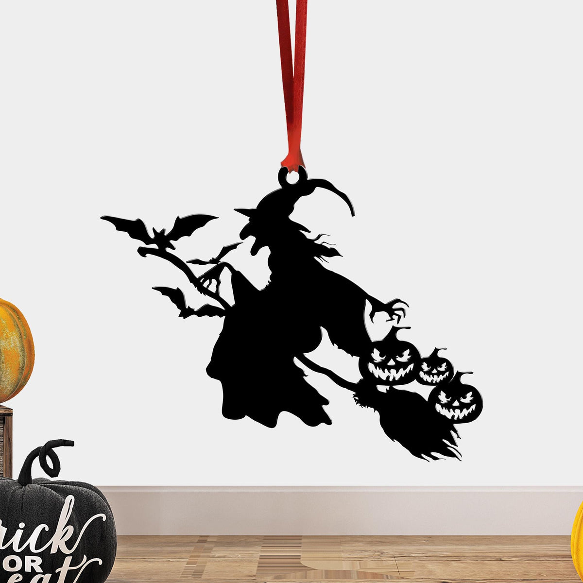 Metal Witch on Broom Ornament, Spooky Halloween Decor