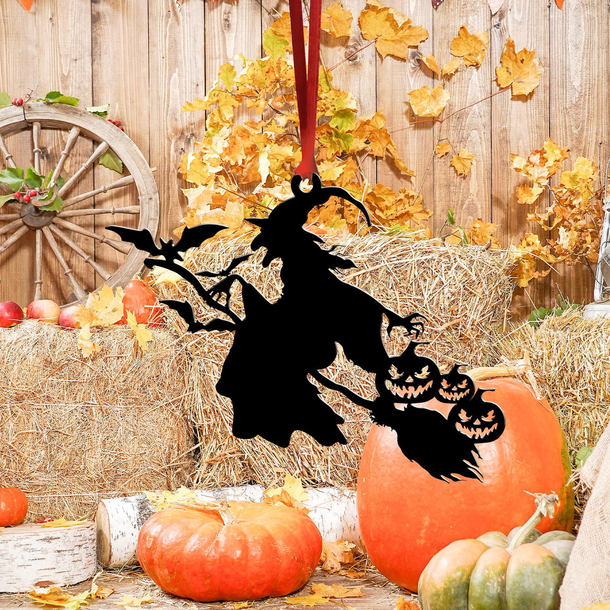 Metal Witch on Broom Ornament, Spooky Halloween Decor