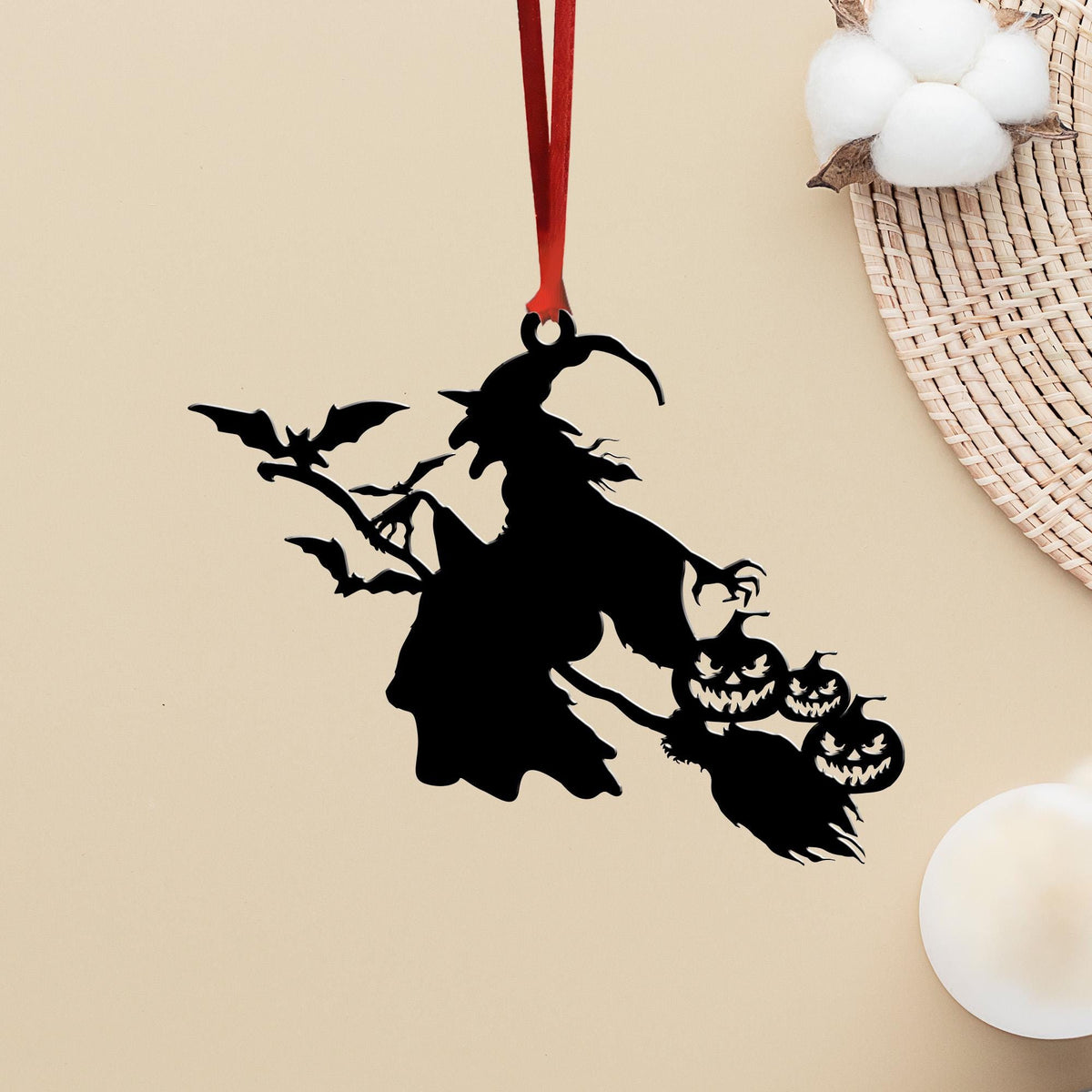 Metal Witch on Broom Ornament, Spooky Halloween Decor