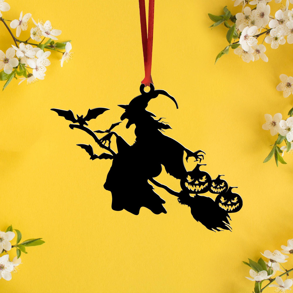 Metal Witch on Broom Ornament, Spooky Halloween Decor