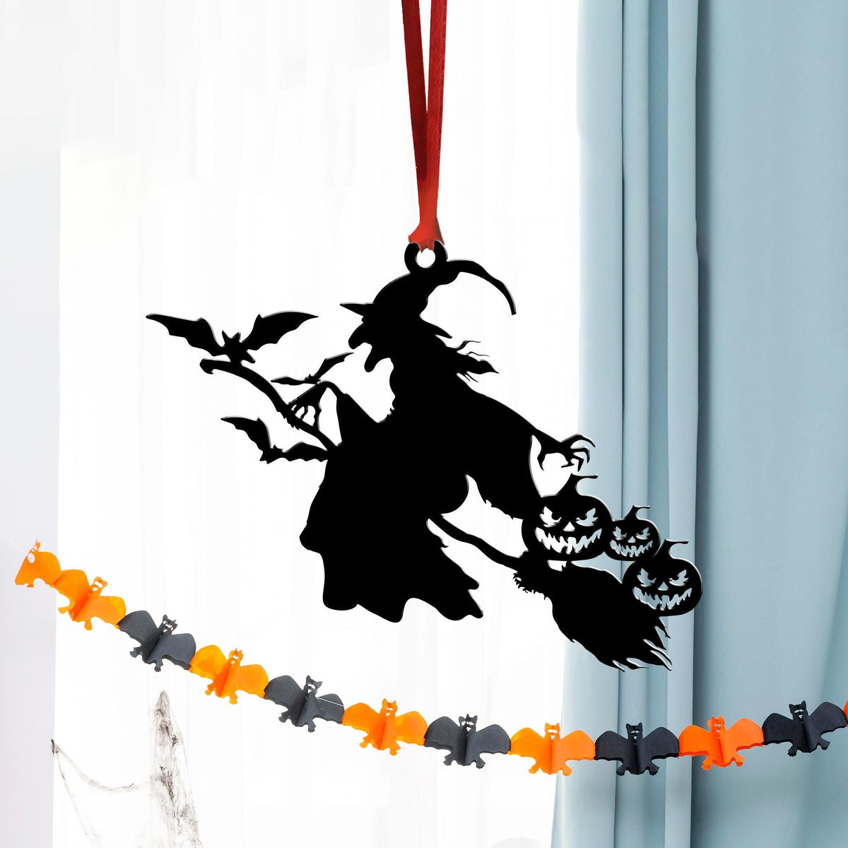 Metal Witch on Broom Ornament, Spooky Halloween Decor