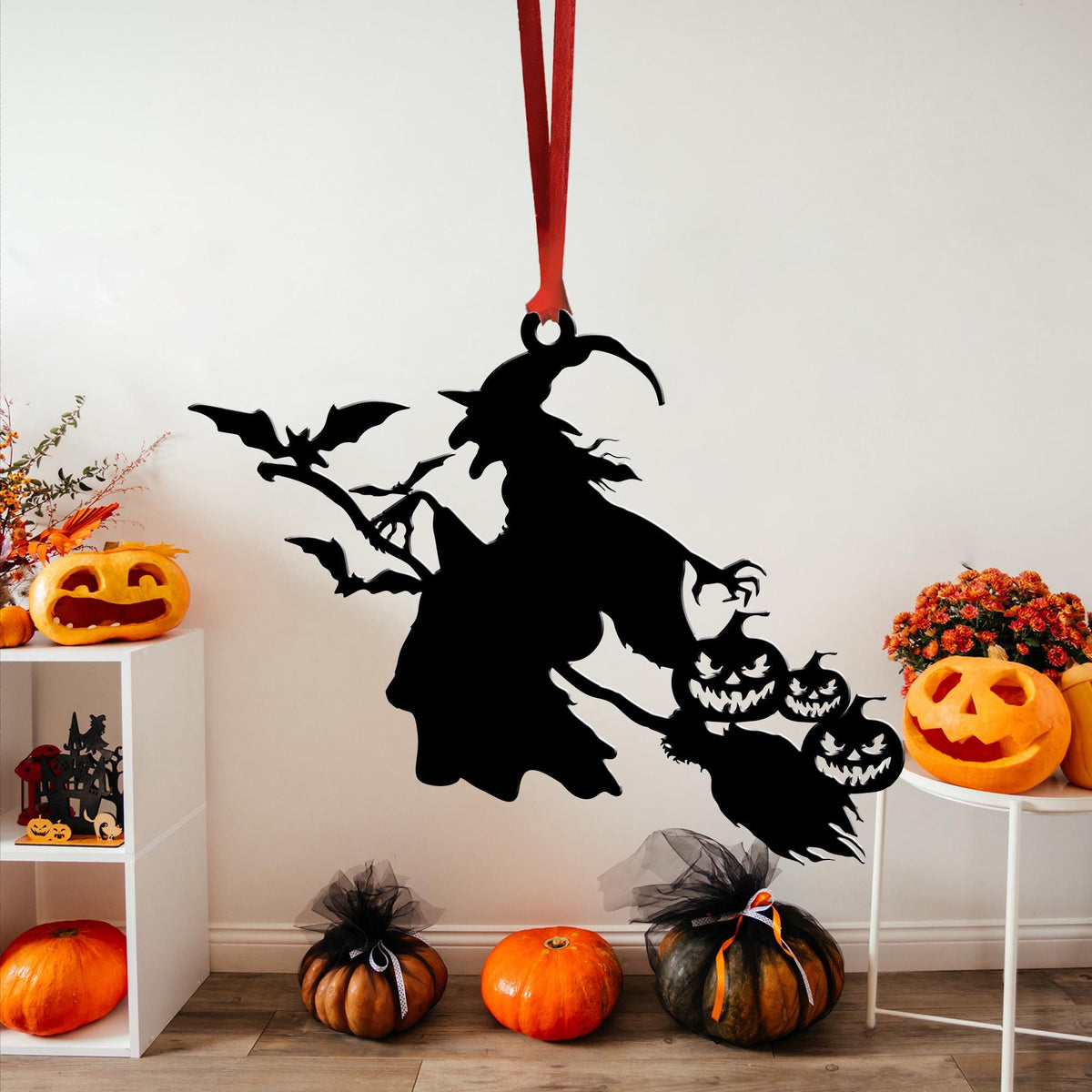 Metal Witch on Broom Ornament, Spooky Halloween Decor