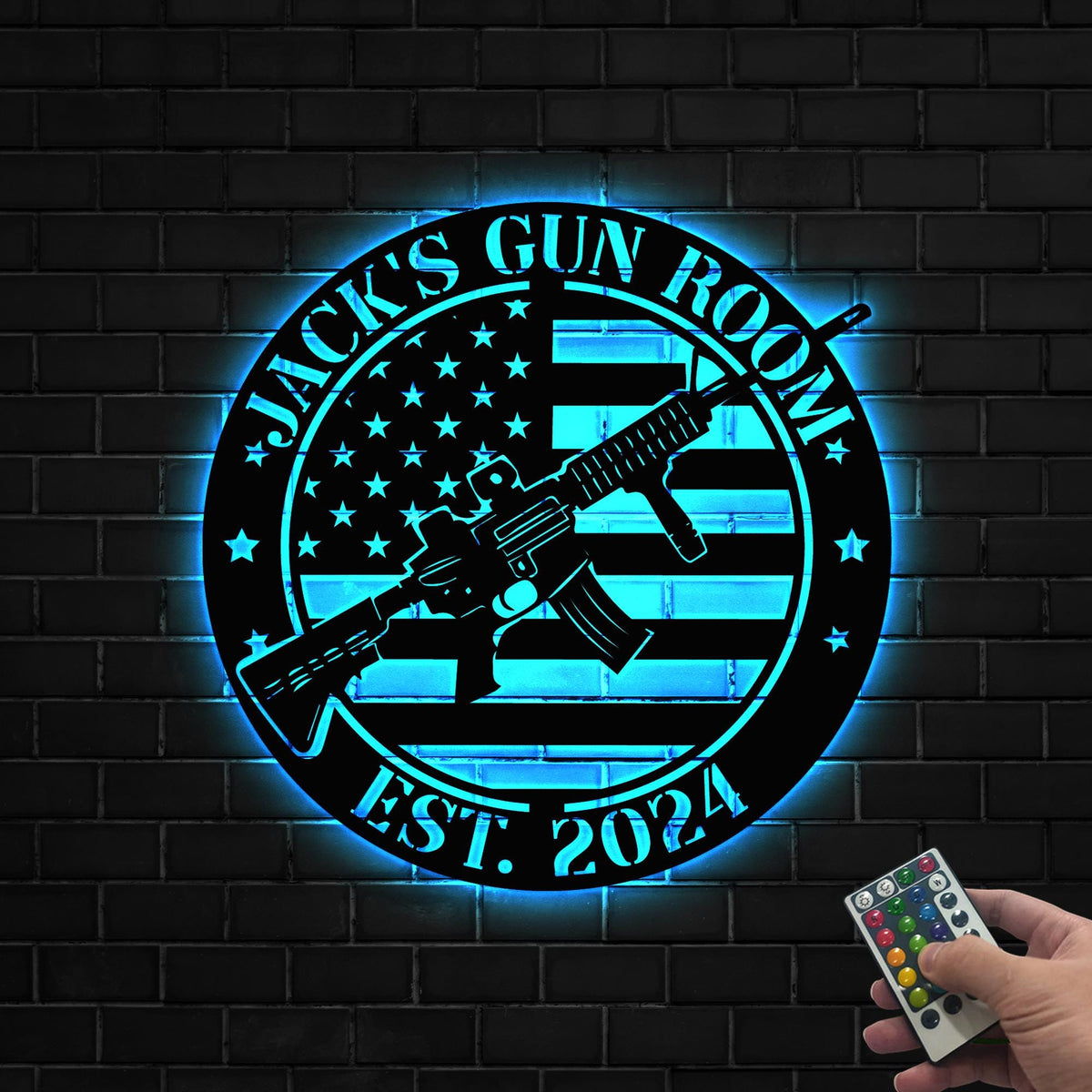 Custom Gun American Flag Metal Sign with LED Light, Gun Metal Sign, Gun Lover Gift, Armory Decor, Military Gift, Man Cave Sign