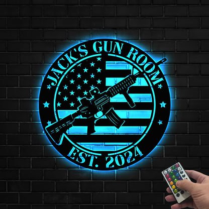 Custom Gun American Flag Metal Sign with LED Light, Gun Metal Sign, Gun Lover Gift, Armory Decor, Military Gift, Man Cave Sign