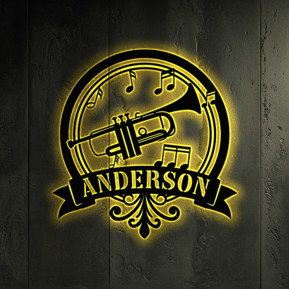 Custom Trumpet Metal Sign With LED Light, Trumpet Musical Instrument Sign, Trumpet Monogram Sign, Trumpet Wall Decor, Music Room Decor