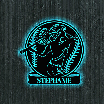 Custom Girl Baseball Metal Wall Art with led lights, Personalized Softball Player Name Sign, Softball Player Gift, Birthday Gift for Her