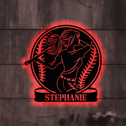 Custom Girl Baseball Metal Wall Art with led lights, Personalized Softball Player Name Sign, Softball Player Gift, Birthday Gift for Her