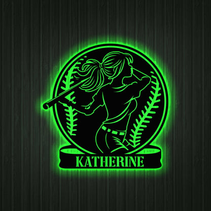 Custom Girl Baseball Metal Wall Art with led lights, Personalized Softball Player Name Sign, Softball Player Gift, Birthday Gift for Her
