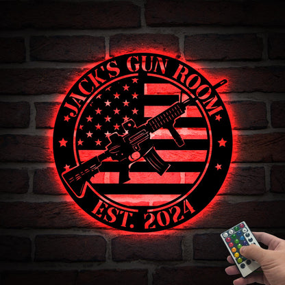 Custom Gun American Flag Metal Sign with LED Light, Gun Metal Sign, Gun Lover Gift, Armory Decor, Military Gift, Man Cave Sign