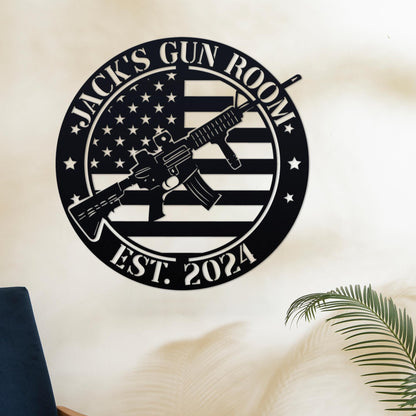 Custom Gun American Flag Metal Sign with LED Light, Gun Metal Sign, Gun Lover Gift, Armory Decor, Military Gift, Man Cave Sign