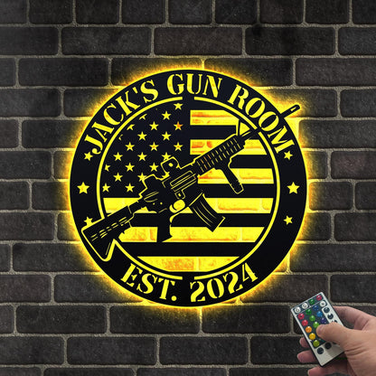 Custom Gun American Flag Metal Sign with LED Light, Gun Metal Sign, Gun Lover Gift, Armory Decor, Military Gift, Man Cave Sign