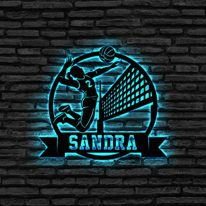 Custom Female Volleyball Metal Wall Art LED Light, Personalized Volleyball Player Name Sign, Sport Room Decor, Gift For Her
