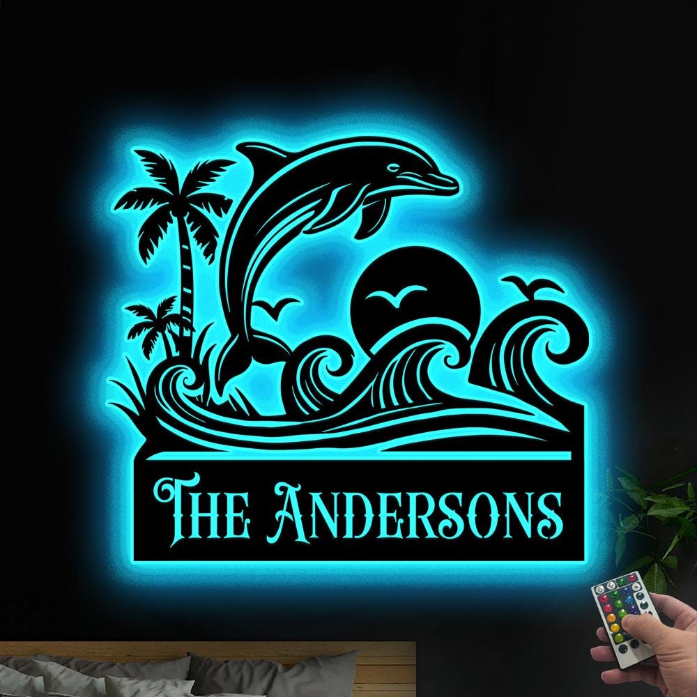 Personalized Dolphin Metal Sign With LED Light, Custom Dolphin Name Sign, Dolphin Housewarming Gift, Home Decor