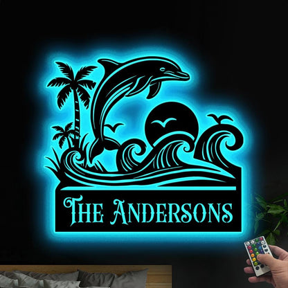 Personalized Dolphin Metal Sign With LED Light, Custom Dolphin Name Sign, Dolphin Housewarming Gift, Home Decor