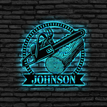Custom Chainsaw Wood Metal Wall Art LED Light, Personalized Woodworker Name Sign, Gifts For Father, Home Decor,