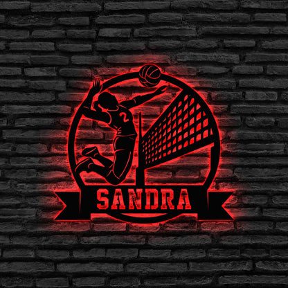 Custom Female Volleyball Metal Wall Art LED Light, Personalized Volleyball Player Name Sign, Sport Room Decor, Gift For Her
