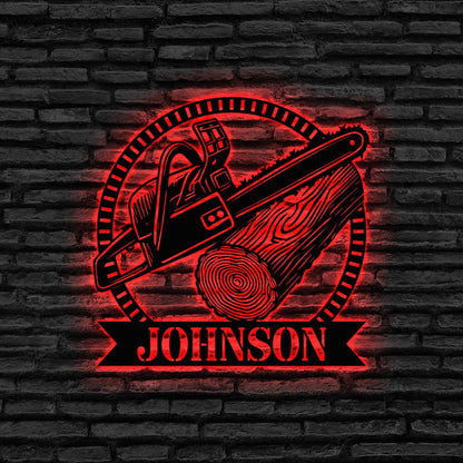 Custom Chainsaw Wood Metal Wall Art LED Light, Personalized Woodworker Name Sign, Gifts For Father, Home Decor,