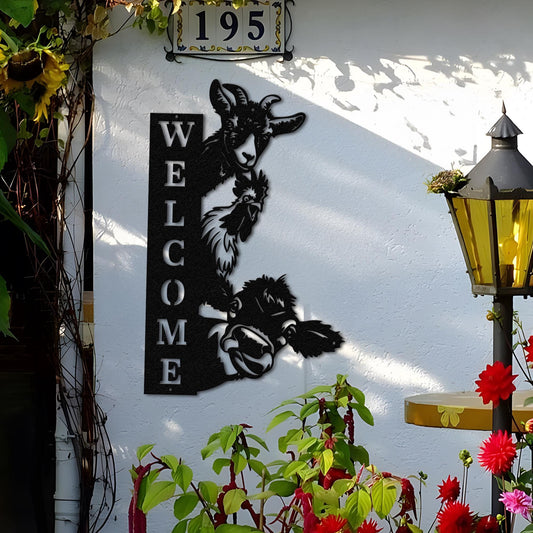 Custom Farm House Metal Sign, Cow Sheep Sign, Welcome Farm Sign, Personalized Farm Wall Art, Barn Decor, Ranch Decor, Goat Cow Chicken sign