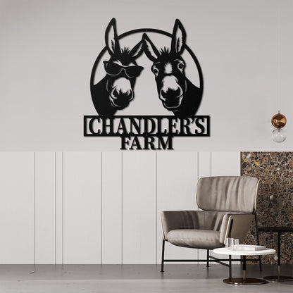 Custom Funny Two Donkey Farmhouse Metal Wall Art Personalized Cute Donkey Farm Name Sign Home Decor Donkey Barn Nursery Decoration