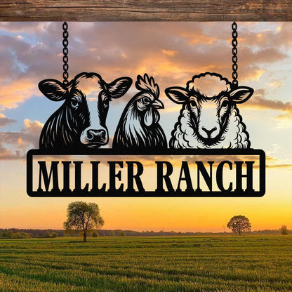 Personalized Sheep Cow and Chicken Farm Metal Sign, Farmhouse Decor, Family Name Sign, Metal Garden Sign, Farmer Gift, Farm Metal Art