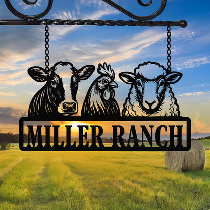 Personalized Sheep Cow and Chicken Farm Metal Sign, Farmhouse Decor, Family Name Sign, Metal Garden Sign, Farmer Gift, Farm Metal Art