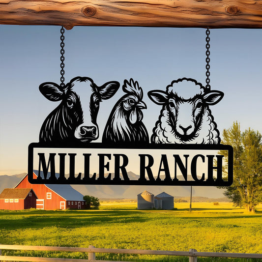 Personalized Sheep Cow and Chicken Farm Metal Sign, Farmhouse Decor, Family Name Sign, Metal Garden Sign, Farmer Gift, Farm Metal Art