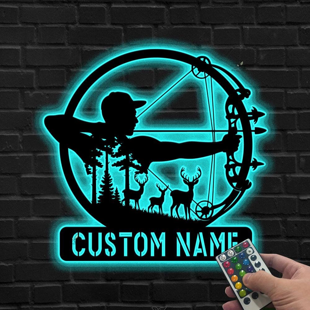 Custom Bow Hunting LED Sign, Personalized Hunting Sign, Bowhunter Metal Wall Art, Hunting Wall Sign, Hunter Name Sign, Gift for Dad