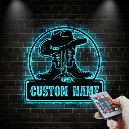 Personalized Cowboy Metal Sign with LED light, Custom Cowboy Name Sign, Cowboy Boots & Hat LED Sign, Western Cowboy Sign, Western Decor