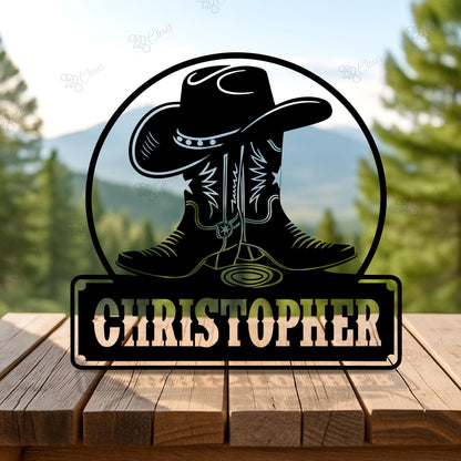 Personalized Cowboy Metal Sign with LED light, Custom Cowboy Name Sign, Cowboy Boots & Hat LED Sign, Western Cowboy Sign, Western Decor