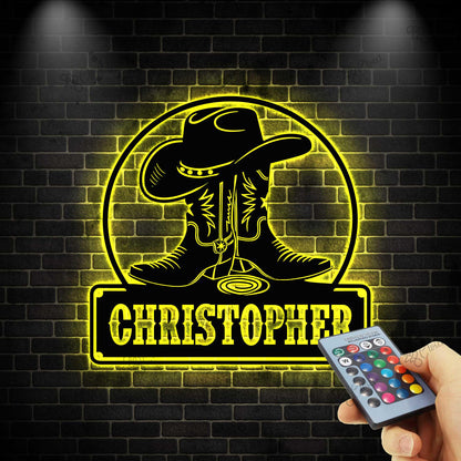 Personalized Cowboy Metal Sign with LED light, Custom Cowboy Name Sign, Cowboy Boots & Hat LED Sign, Western Cowboy Sign, Western Decor