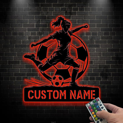 Custom Girl Soccer LED Metal Sign, Female Soccer Player Gift, Soccer Wall Decor, Football Gift for Her, Sports Room Gift